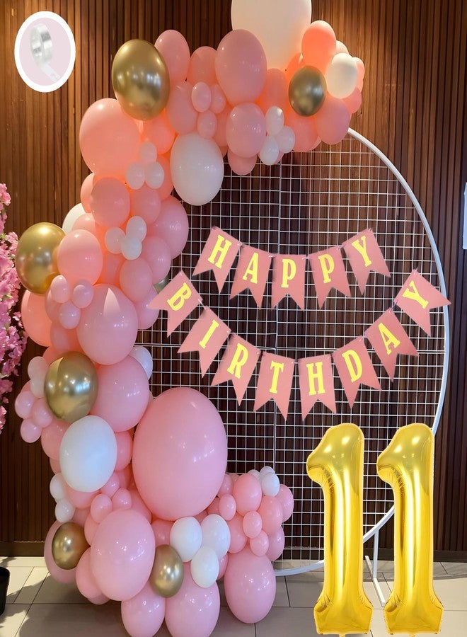 Flyloons 11th Birthday Decoration Items Pink and White Theme Combination for Girls Princes | 30 Pcs Pink White Gold Balloons | Pink Happy Birthday Paper Banner | Arch Tape - Image 1